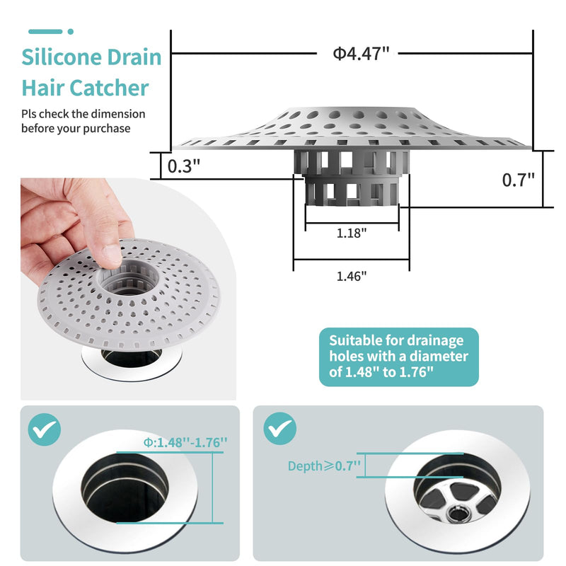 Bathtub Drain Hair Catcher,Silicone Tub Hair Catcher Drain Protector,All-in-one Shower Hair Drain Catcher Strainer for 1.48'' to 1.76'' Regular Drains, 3PCS A-grey