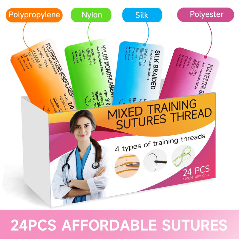 Sutures Thread with Needle (24 Mixed 2/0, 3/0, 4/0, 5/0) - Practicing Suturing(Education Use Only)
