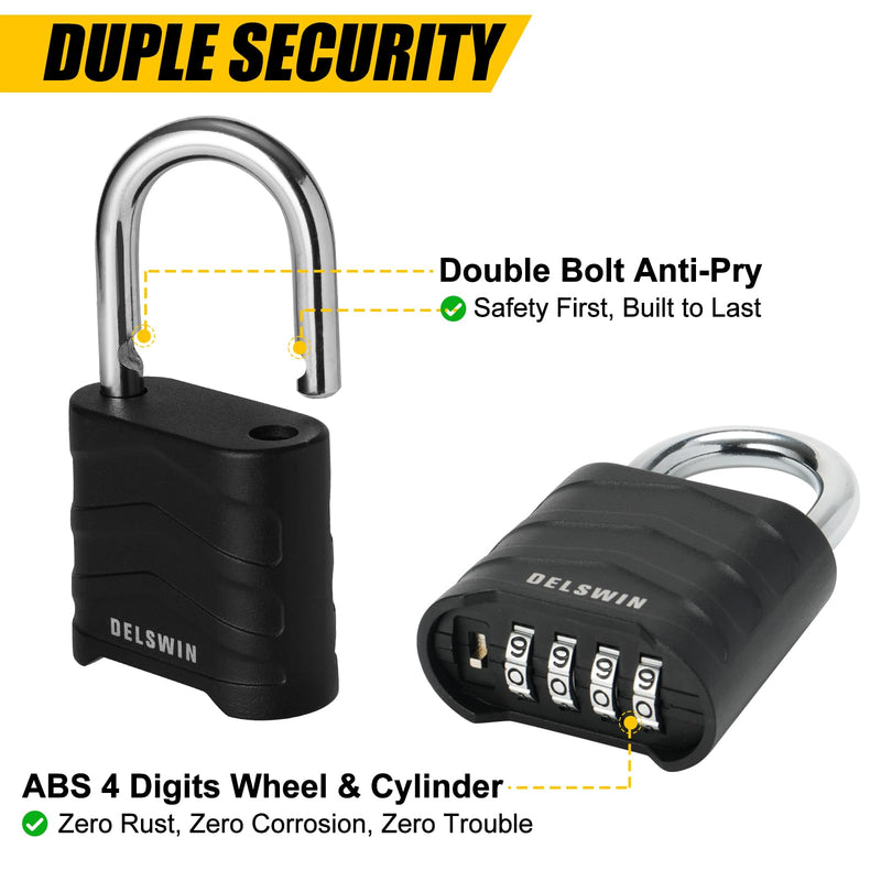 DELSWIN 3 Pack Large Combination Padlock - 4 Digit Resettable Combo Lock with Hardened Steel Shackle, Security Aluminum Body, Weatherproof Combination Lock for Gym Locker, Gate, Shed, Fence, School Black, 3 Pack