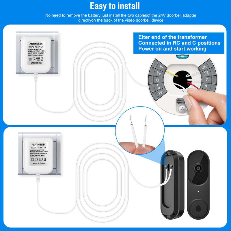 24V Doorbell Transformer,C-Wire Thermostat Adapter, for Ring Doorbell or Thermostat,Compatible with Ecobee,Sensi,Honeywell,Nest Hello,Wyze,Eufy (26.2 FT White) 24V