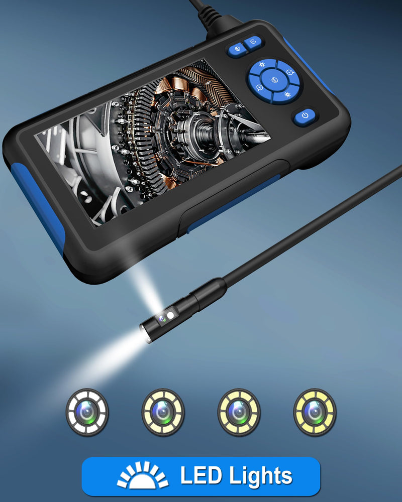 Dual Lens Industrial Endoscope, 1080P Digital Borescope Inspection Camera, 8.0mm IP67 Waterproof, with 4.3" LCD Screen Display, 8 LED Lights,16.5FT Semi-Rigid Cable Blue