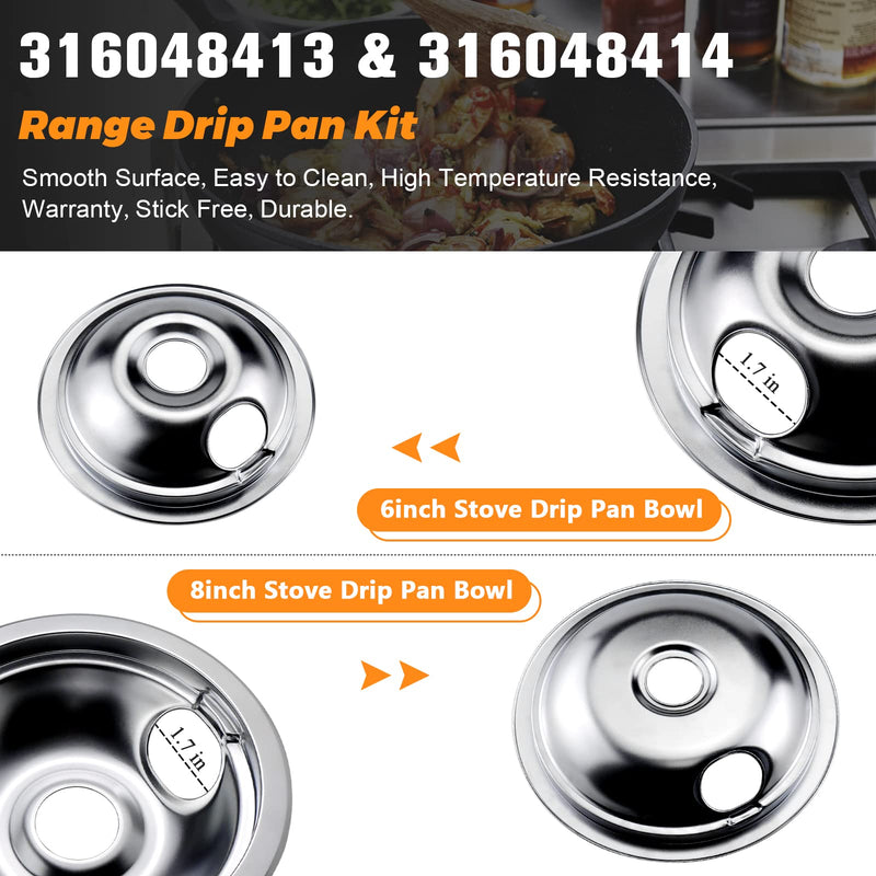 316048413 316048414 Electric Stove Burner Drip Pans by Blutoget - Fit for Frigidaire Ken-more Electric Range Top with Locking Slots- Includes 2 6-Inch and 2 8-Inch Pans,Silver(Chrome Plated Steel)