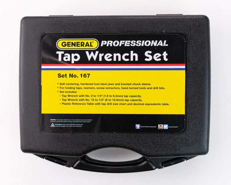 General Tools Professional Standard Tap Wrenches #167 - Threading Tools with Reference Table for 0 to 1/2-Inch Taps - Set of 2 2 Piece Set and Reference Table