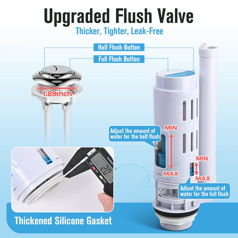 2-Inch Dual Flush Valve & Fill Valve Replacement Kit for 2-Piece Toilets, Complete Toilet Repair Kit Inside Tank with Push Button, Gasket & Bolts, Compatible with Glacier Bay, Toto & American Standard 2 inch