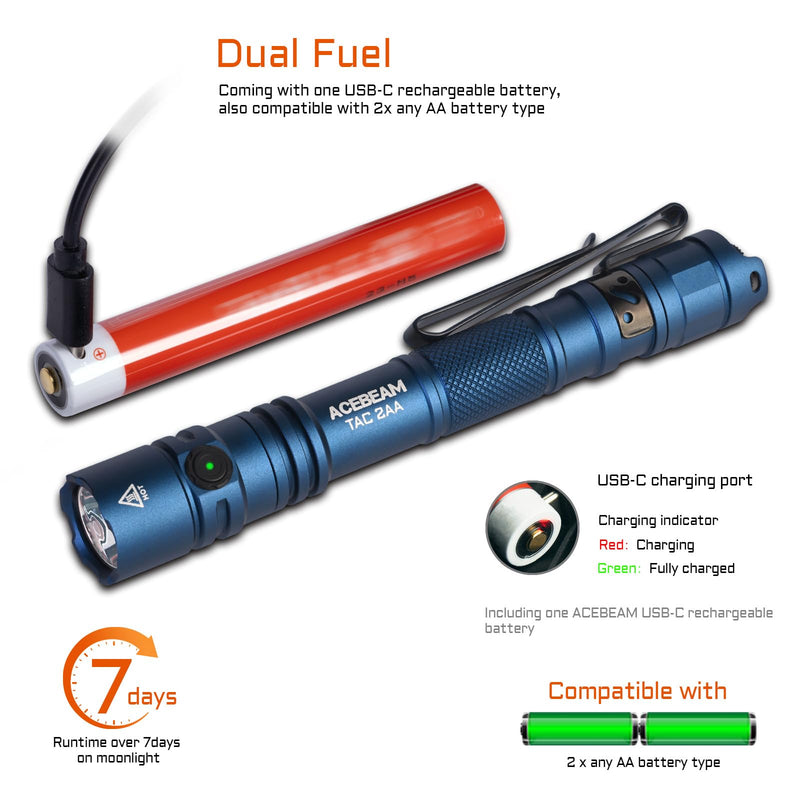 ACEBEAM TAC 2AA EDC Tactical Dual Modes Flashlight Rechargeable, 1400 High Lumens Flashlight, Dual Switch Pocket LED Flashlight, Super Bright Small Flash Light for Emergency, Camping, Home(SFT-25R HI) Blue 6500K-1400 Lumens 304 Meters