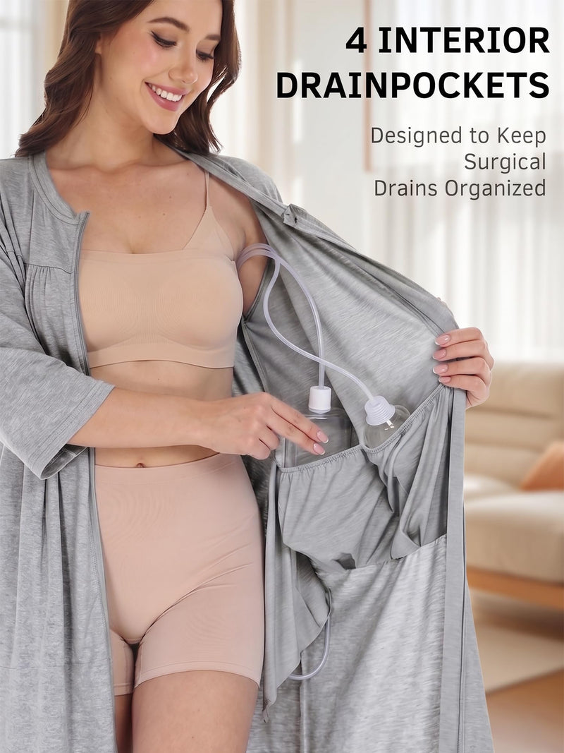 Mastectomy Recovery Robe for Women, Front Zip Post Surgery Gown with 4 Drain Pockets for Breast Recovery XX-Large Grey
