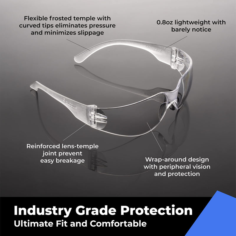 amoolo Clear Safety Glasses Bulk of 24, Protective Eyewear for Men Women, ANSI Z87.1 Impact Resistant Eye Protection for Work, Lab, Construction 24 Pack Clear / Adult's Size
