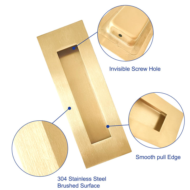 Recessed Finger Flush Pulls - Hadnles Fit Wardrobe Doors, Pocket Doors, Sliding Barn Doors, Bifold Doors and More Stainless Steel Brushed Rectangular Door Pull Hardware (7 INCH, Gold - 4 Pack) 7 Inch