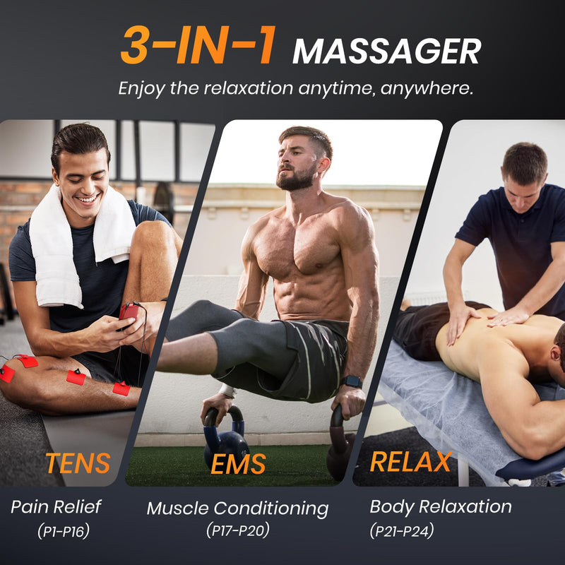 3-in-1 TENS Unit Muscle Stimulator for Pain Relief, Dual Channel EMS Muscle Stimulator with 24 Modes & 40 Levels for Physical Therapy, Rechargeable TENS Machine Kit with 12 TENS Pads, EVA Case