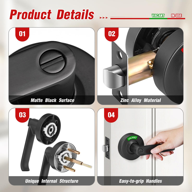 Bathroom Indicator Privacy Door Lock, Vacant Occupied Bathroom Lock, Large Vacant or in-Use Door Handle for All Women Men Restrooms, Ansi Grade 2 Commercial Grade, Black Matte Black