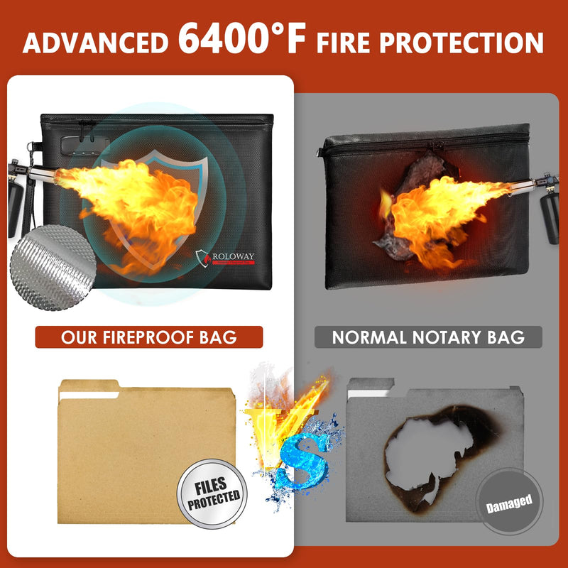 ROLOWAY Fireproof Document Bag (14.5 x 11.5 inch), 6400℉ Fireproof Money Bag with Zipper for Cash, Fire Safe Money Pouch with Lock (Black) Black