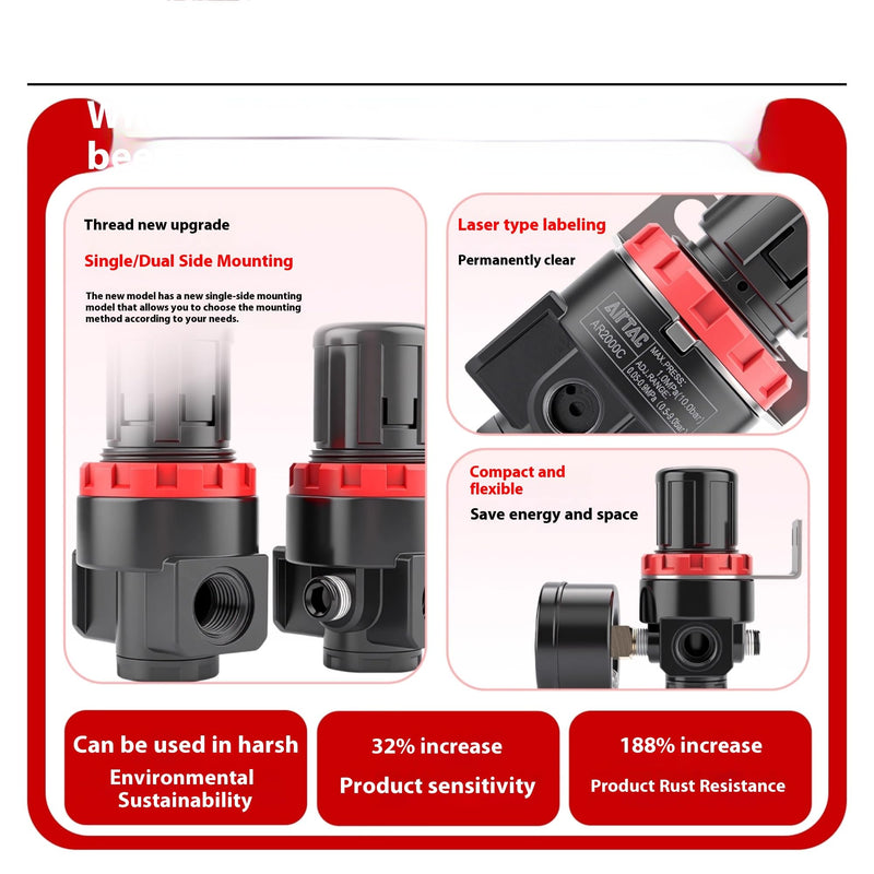 Low Pressure Air Compressor Regulator Airtac AR2000-C 1/4'' NPT with Bracket and Gauge 0-60 PSI Adjustable Low Pressure AR2000C 1/4'' NPT 0-60 PSI