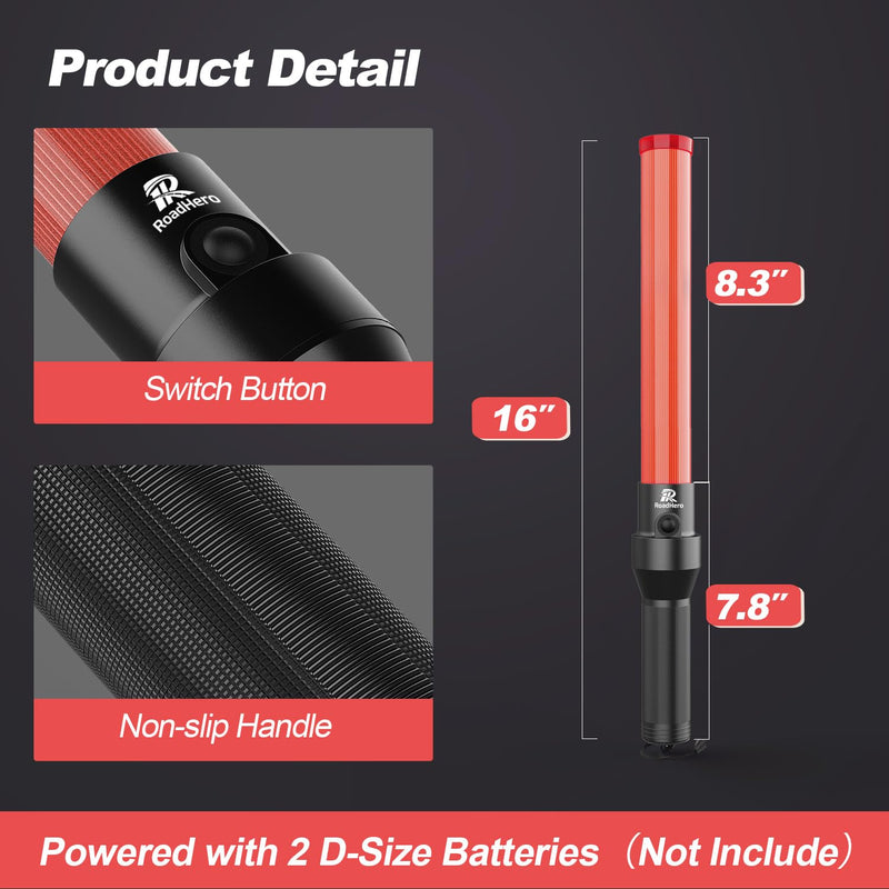 RoadHero 2 Pack Traffic Wand, 16 Inch Led Traffic Control Wands with 3 Flashing Modes, Air Marshaling Signal Wand Plus White LED on Tip for Airport, Parking, Car Directing 2 Pack of 16 inch