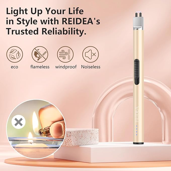 REIDEA Electronic Lighter Candle Lighter Rechargeable Upgrade 2022 Safety Lock USB Lighter with LED Battery Indicator Flameless Windproof Arc Plasma Lighter for Candle Fireworks S4 Pro Rose Gold (Champagne Gold) - NewNest Australia