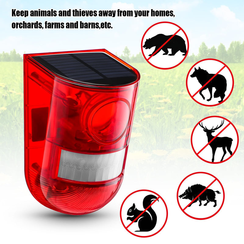 Qualirey 2 Pack Solar Sound and Light Alarm Motion Sensor 129db Outdoor Security Siren Waterproof Motion Activated Detector Alarm 6 LEDs Flash Warning Strobe System for Home, Farm (Red) Red