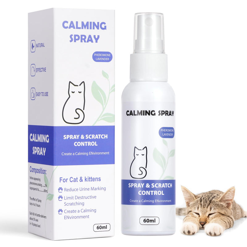 AOMIG Cat Calming Spray, Cat Pheromones Calming Spray, Reduce Stress Anxiety Scratching Fighting Peeing Urine Marking Furniture, Cats Calm Pheromone Solution for Home Travel Vet Visits, 60ml
