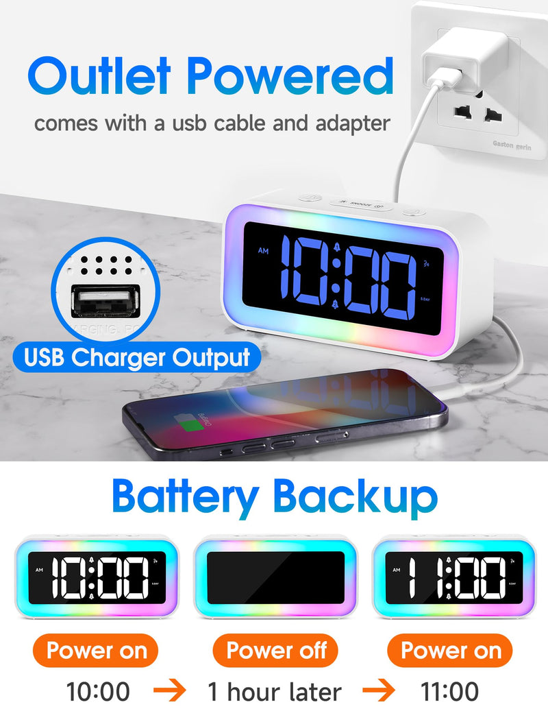 Cadmos Loud Alarm Clock for Bedrooms with Dynamic RGB Night Light,Heavy Sleepers Adults,Dual Alarm,Dimmer,USB Charger,Small Bedside Digital Clock with Led Display for Kids,Teens,Seniors (White) White