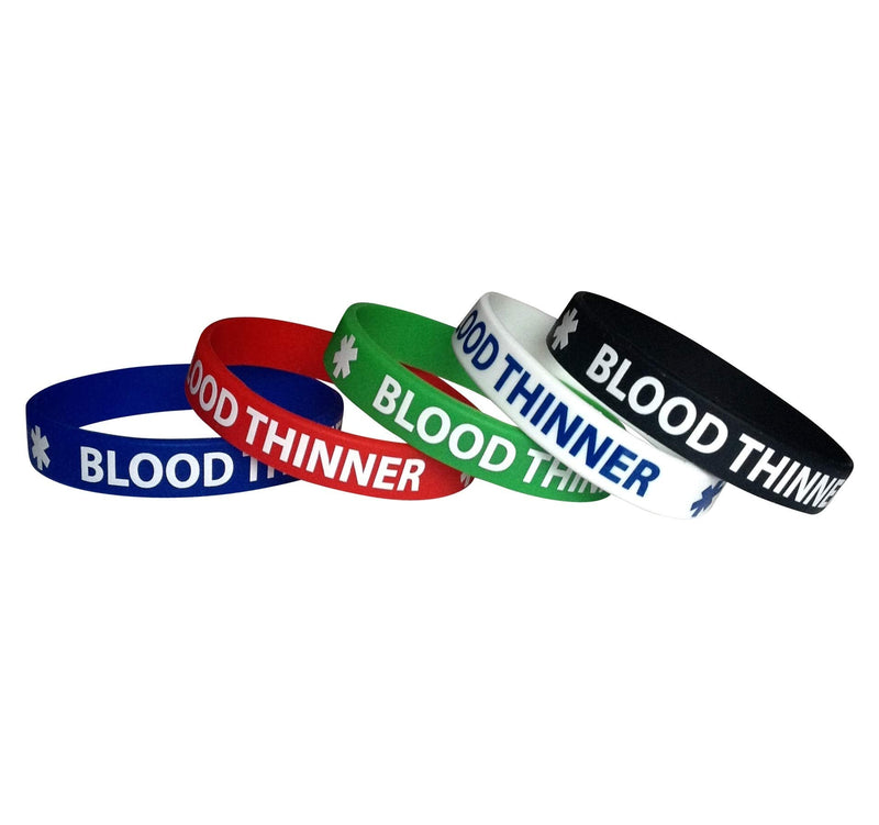 Blood Thinner Silicone Bracelets - ID Medical Alert - 5 Pack Wristbands - Medical Bracelet - Adult Size for Men Women 7.8" inches