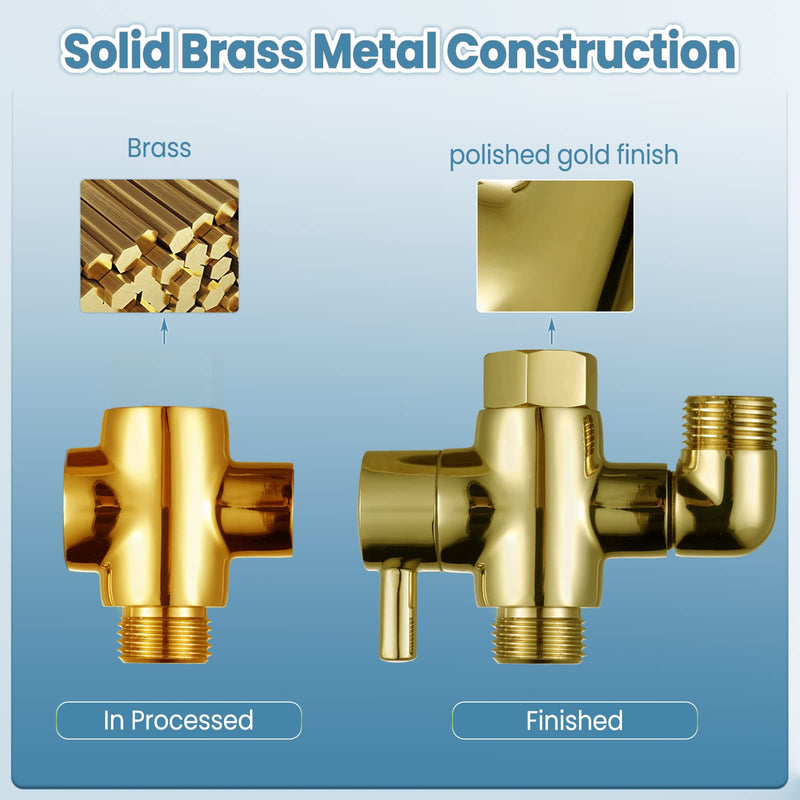 Brass Shower Diverter Valve for Handheld Shower Head and Fixed Spray Head G1/2 3 Way Universal Bathroom System Component Replacement Part, Polished Gold