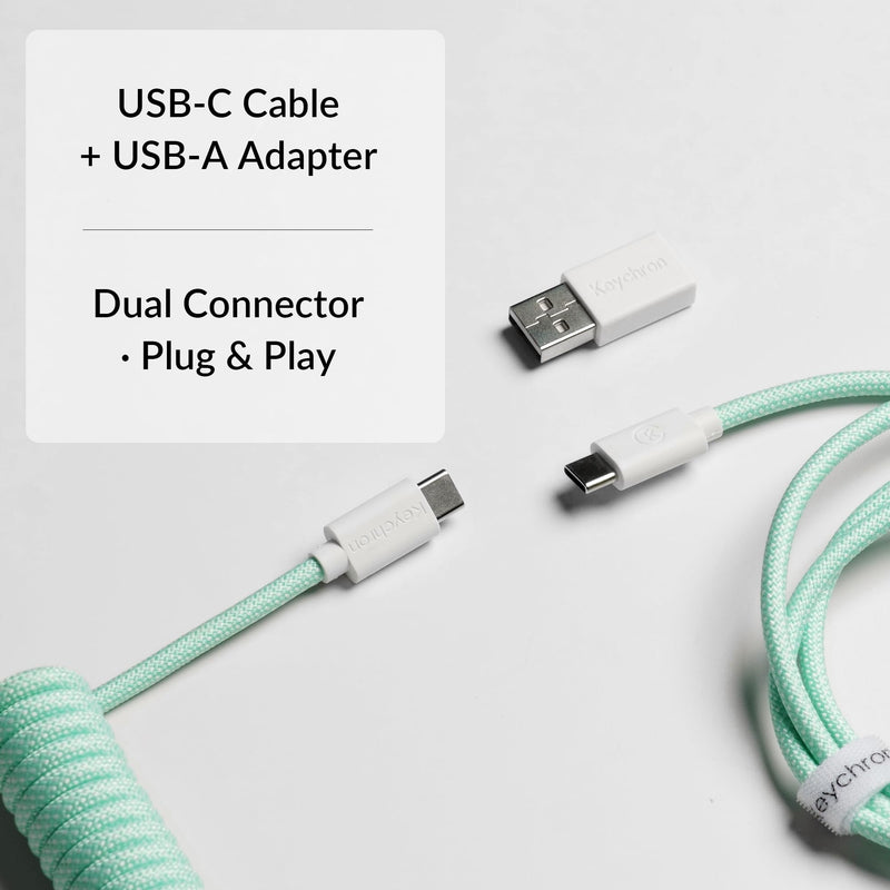 Keychron 8KHz Coiled USB-C Cable for Mechanical Keyboards, GX12 5-Pin Detachable Aviator Connector, USB-A Adapter, 176 cm / 5.77 ft Braided Cable, Charging & Data Transfer, Mint Straight Connector