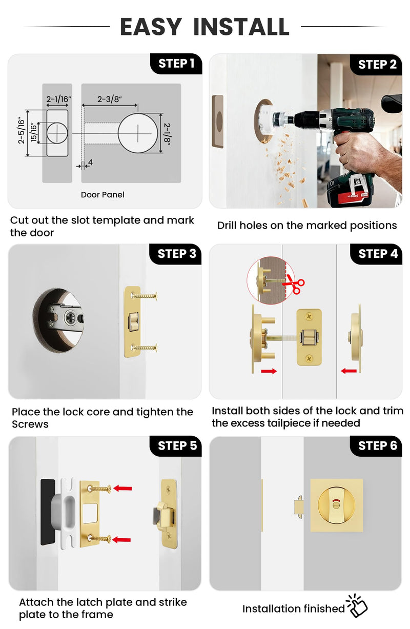 goldenwarm Brushed Gold Square Pocket Door Lock with Indicator, Pocket Door Hardware for 2-1/8'' Round Bore Hole, Pocket Door Handles Fit 1-1/4'' to 2'' Thickness Sliding Door 2-3/8'' Latch 1 Pack Indicator 1 Pack