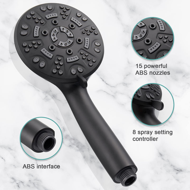 Cobbe 8 Functions Shower Head with handheld, High Pressure Shower Head Set with Hose Adjustable Bracket Rubber Washers (Matte Black) 8 Spray-Settings 1. Matte Black