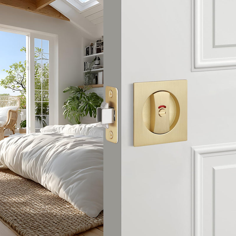 EHOMEWARE 1 Pack Gold Pocket Door Hardware, Privacy Pocket Door Lock with Red-Green Indicator, Keyless Square Pocket Door Handles, Recessed Sliding/Bifold Door Hardware, Contemporary Flat Door Knob Privacy Door Lock-1 Pack Satin Brass
