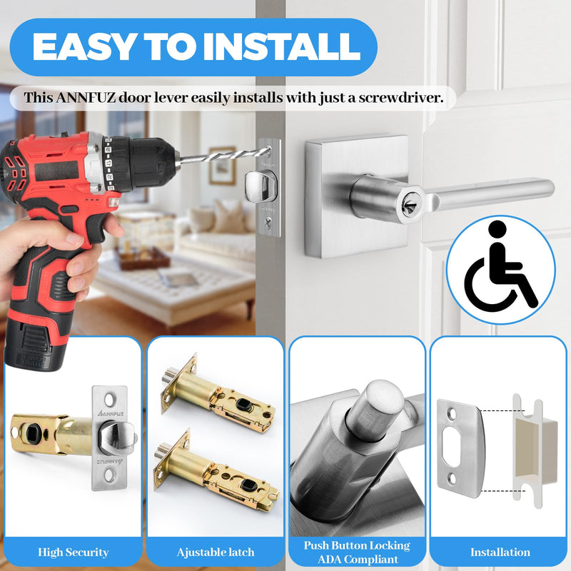 Entry One-Touch Push Button Locking Door Handle Lock with Keys,Non-Handed Opening,Entrance Reversible Left Right Lever for Interior/Exterior Front Door, ADA-Compliant Knob,for Office,Bedroom Santin Nickel Entry