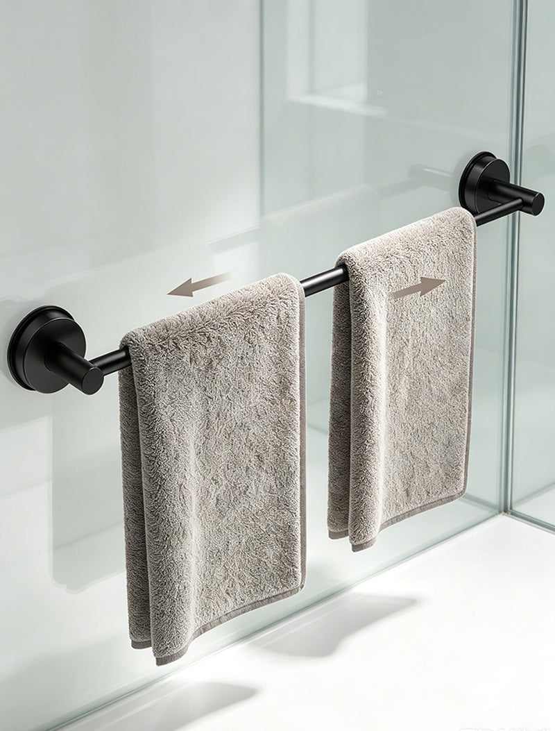 14.6 to 24 Inches No Drill Suction Cup Towel Bar for Shower Glass Door & Tile Wall, Stainless Steel Wall Mounted Towel Rack，Removable Bathroom Organizers & Storage for Renters Apartment (Matte Black)