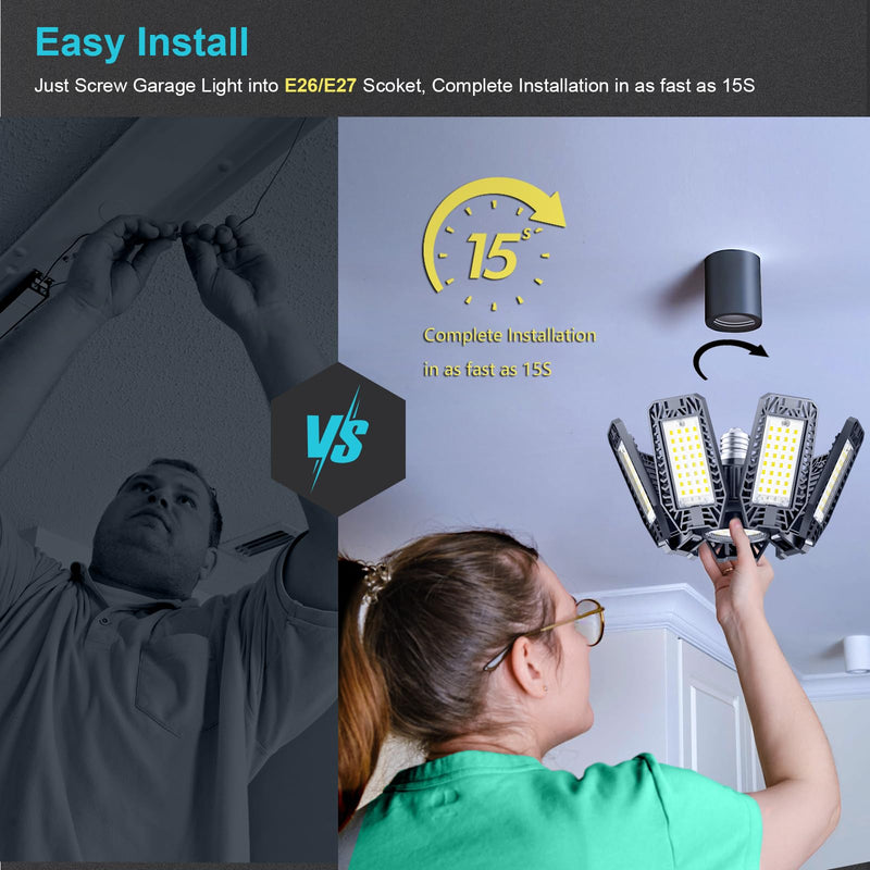 LED Garage Light 2 Pack - 200w 20000LM 6500K Garage Lights Ceiling Led with 7+1 Adjustable Panels, Led Shop Lights Screw in E26 E27 Bulb Socket for Workshop Garage Lighting
