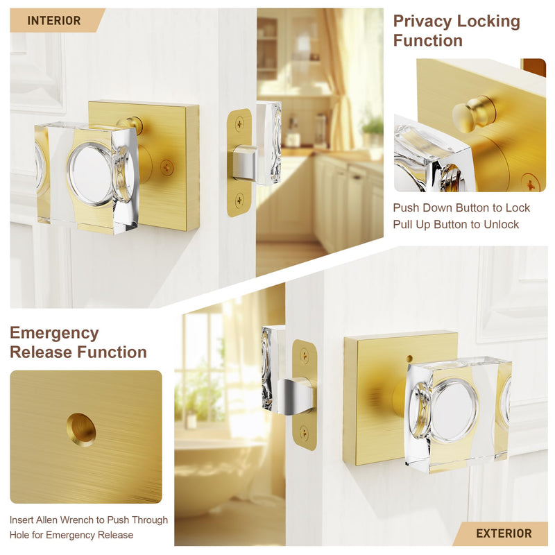 Brushed Gold Door Knob Privacy Crystal Glass Interior Lock, Satin Brass Modern Square Bedroom Bathroom Lockable Door Handle 1 Pack Privacy