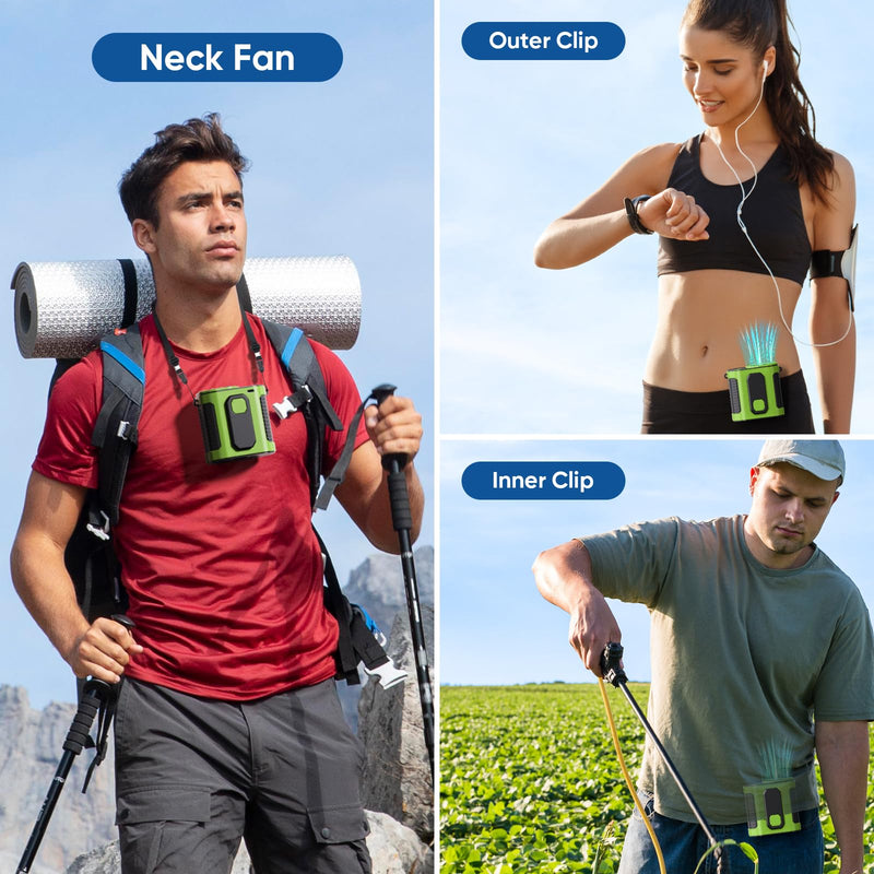 Portable Waist Fan, 10-Speed Rechargeable Body Fan with LED Light, Hands Free Wearable Belt Clip Waist Fans, 10000mAh Battery Cooling Device, Dual Clips & Power Bank, for Camping, Outdoor, Jobsite Green
