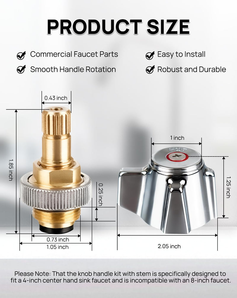 4" Brass Faucet Handle Cartridge Replacement Stem Assembly Faucet Valves Hot and Cold Knob Handle Kit with Stem for Kitchen & Bathroom Knob Handles Knob Handle Kit with Stem (1 Pair)