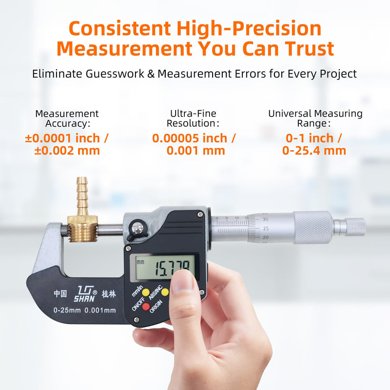 0-1 Professional Digital Micrometer，0.00005" /0.001mm Resolution，Digital Outside Micrometer with Carbide Tip 0-1" Range with Ratchet Stop, Precision Machinist Workshop Automotive Tools Digital Micrometer 0-1" (0-25mm)