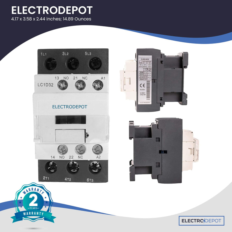 30A Electrodepot Contactor 3 Pole, 110/120V Coil, Motor Load 32A, Lighting 40A, 50A, 600V IEC DIN w 1NO and 1NC Aux Contact 1 Pack