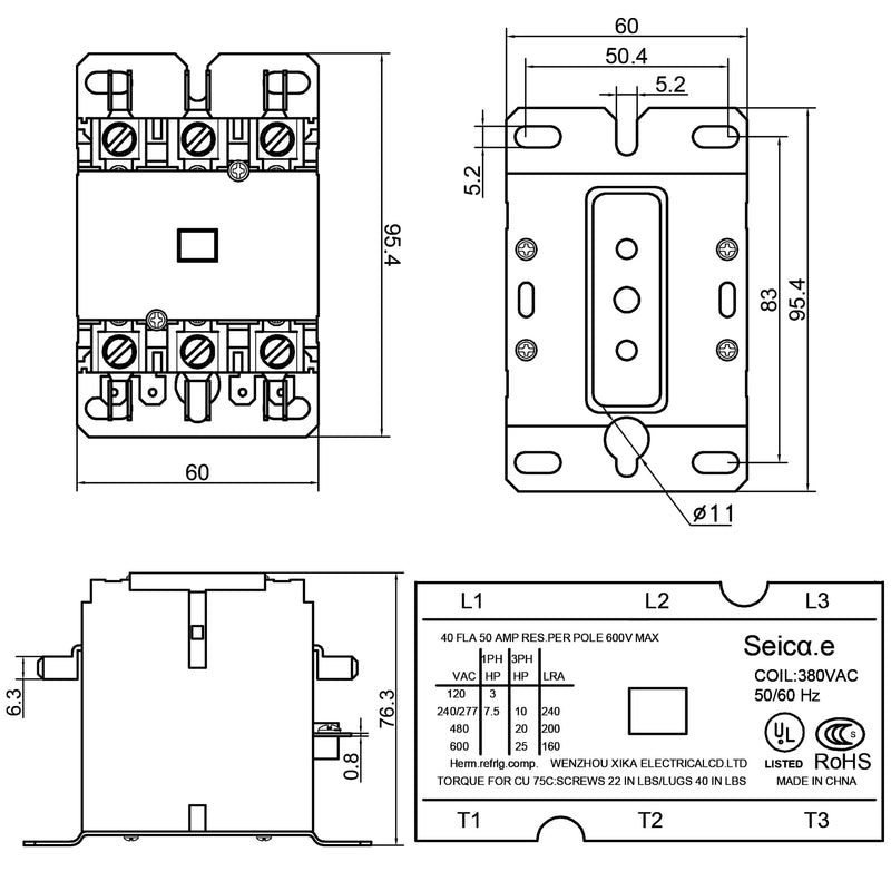 1 Pack Carrier HVAC Motor Contactor, 3 Pole 40 Amp 120V Coil Air Conditioner Contactor, AC Definite Purpose Contactor Replacement Relays, Air Conditioner Condenser Compressor 1
