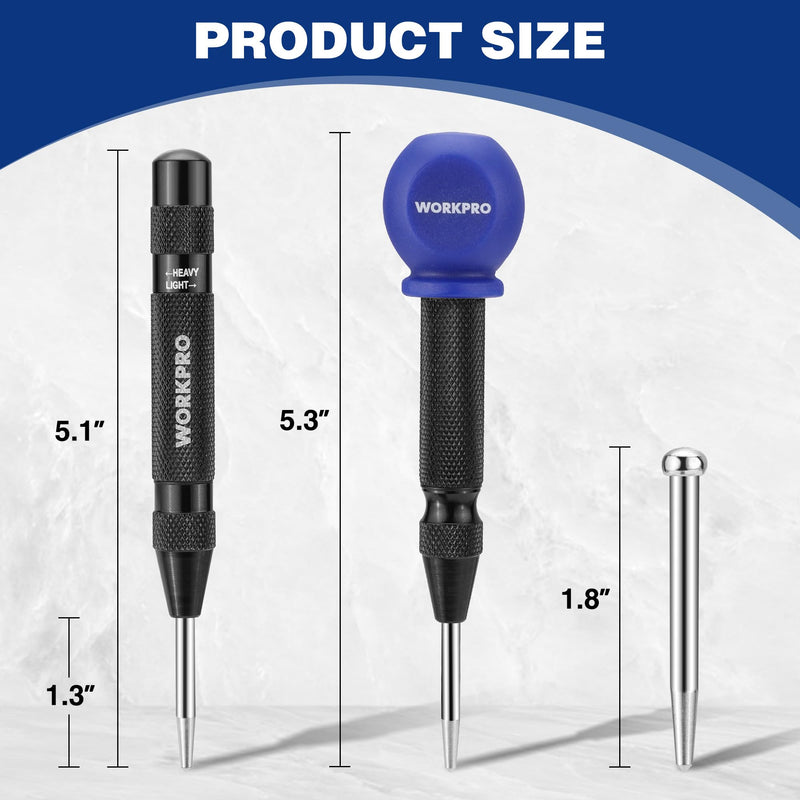 WORKPRO 2PCS Automatic Center Punch with an Extra Replacement Tip, Adjustable Spring Loaded Center Punch, Metal Punch Tool, Center Hole Punch for Wood, Metal, Plastic 2pcs Auto Center Punches with a Replacement Tip