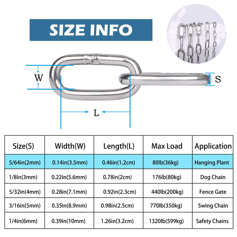 Stainless Steel Chain, 5/64 in × 3.3 Ft Small Strong Chain Link Chain, Light Weight Chainlink Utility Metal Decorative Chain Key Chain Belt Chain Hanging Chain for Bird Feeder Planters Sign 3.3 Ft, 4 Pcs