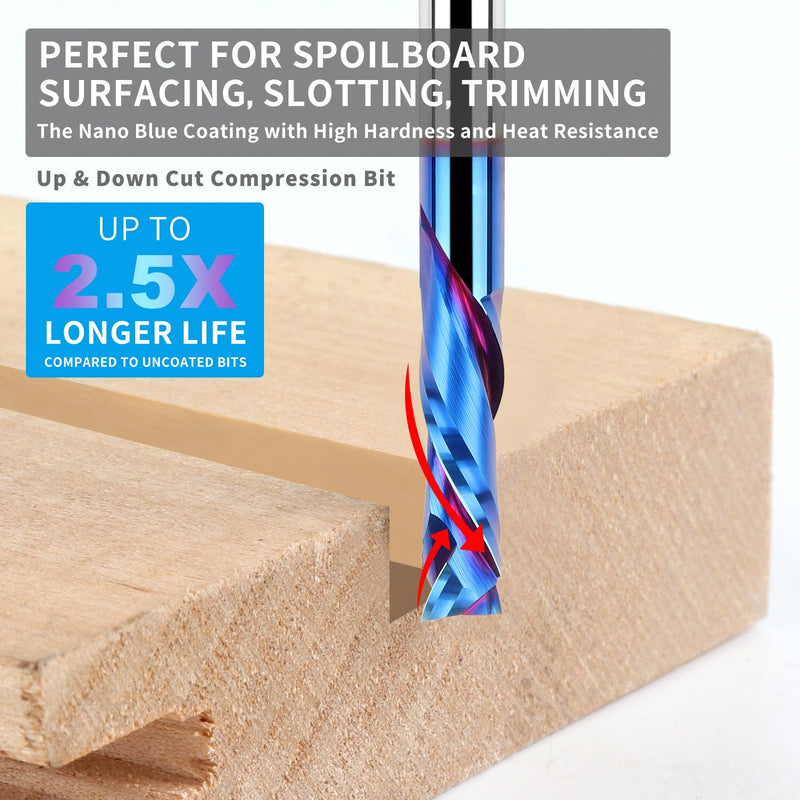 Spiral Router Bits Up Down Compression Bit 1/4 inch Cutting Diameter with Nano Blue Coated, 1/4 inch Shank Solid Carbide CNC End Mill for Wood Carving Engraver Milling Cutters COMPRESSION CUT