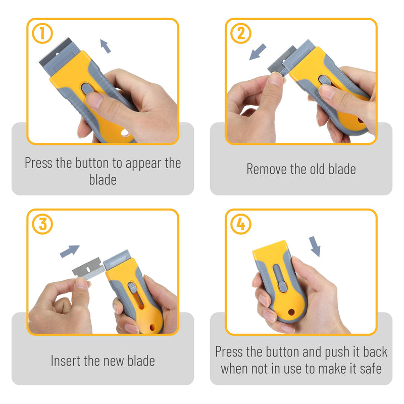 Bates- Razor Blade Scraper, 2 Pack, Razor Scraper Set with 30 Extra Blades, Razor Scraper, Window Scraper, Scraper Tool, Glass Scraper, Scraper Blades, Blade Scraper, Razor Blade Retractable. Yellow and Gray