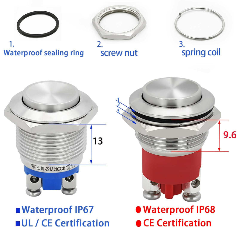 5Pcs IP68 Waterproof, 19mm Momentary Push Button Switch, 5 Amp 316 Stainless Steel, High Top 5V- 250V AC/DC 1NO SPST for Car, Ships or Sea Silver High Round IP68 Waterproof 5Pcs