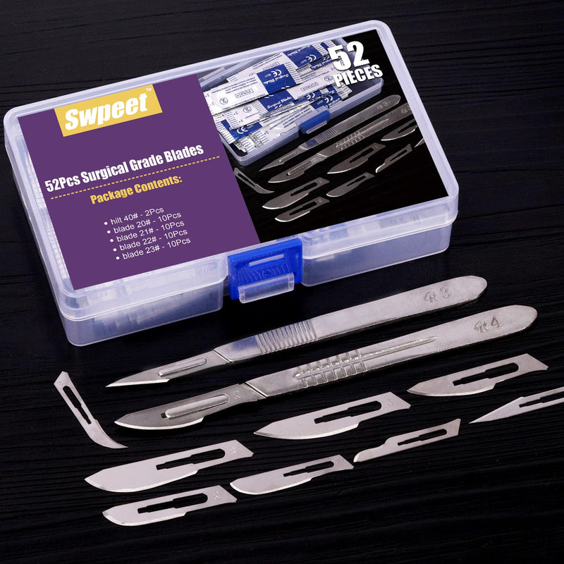 Swpeet 52Pcs 5 Styles #20#21#22#23#24 Scalpel Blades Surgical Grade Blades with #4 Scalpel Knife Handle Assortment Kit, Biology Lab Knives for Biology Lab Anatomy, Practicing Cutting, Sculpting N3