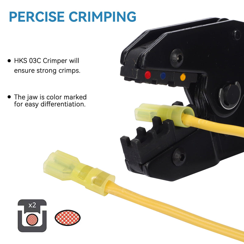 HKS 100PCS Nylon Female Spade Quick Disconnect Connector - Yellow 12-10 AWG Electrical Wire Connectors Kit - Tinned Copper - Cold-Pressed Wire Terminal Automotive Crimp Insulated