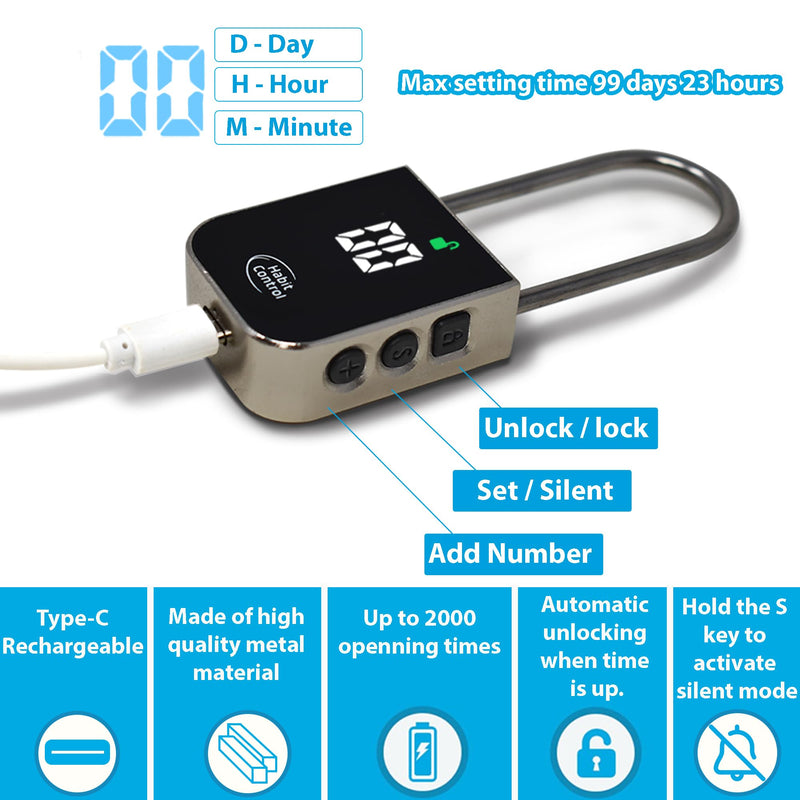Metal Timer Lock - Smart Padlock for Kitchen Cabinets, Timed Out Keyless Pad Lock, Electronic Time Locking Lock for Cell Phones, Snack, Liquor, Game Consoles & Other Unwanted Temptations Silver