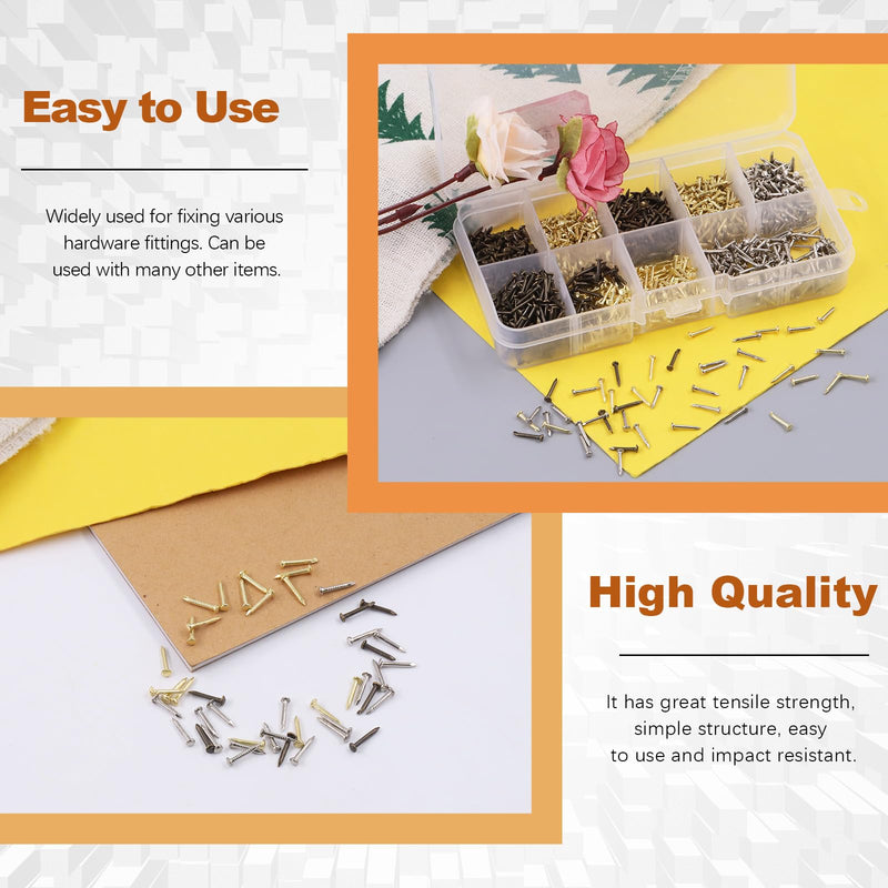 Tanstic 1600Pcs Small Tiny Nails Kit, 6mm, 8mm, 10mm Tiny Wooden Nails for Wooden DIY Decorative Pictures Mini Boxes Household Accessories (Gold/Bronze/Silver)