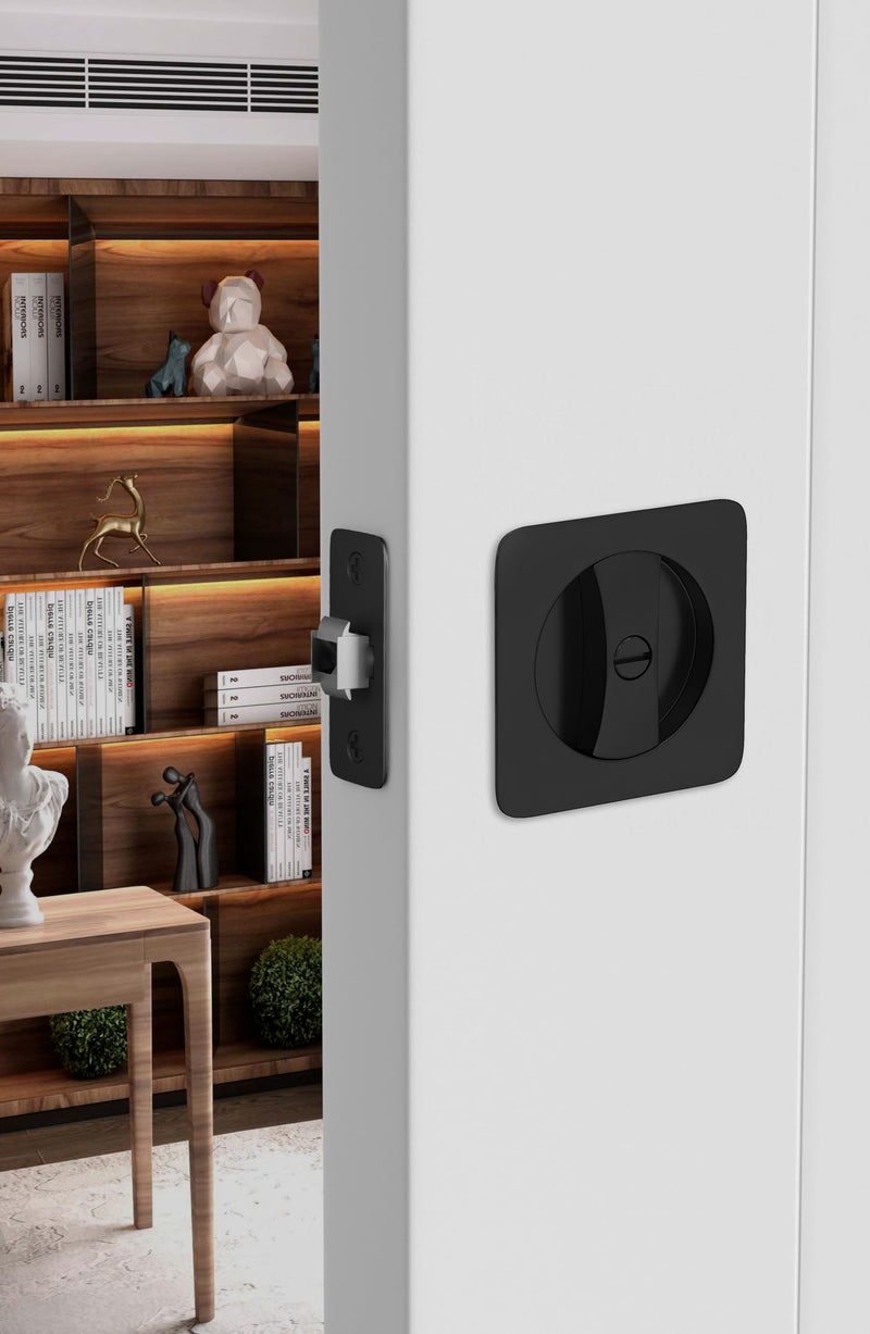 goldenwarm Black Pocket Door Lock, Rounded-Corner Square Sliding Pocket Door Hardware Privacy Pocket Door Latch for Bathroom & Bedroom - 1 Pack Privacy 1 Pack