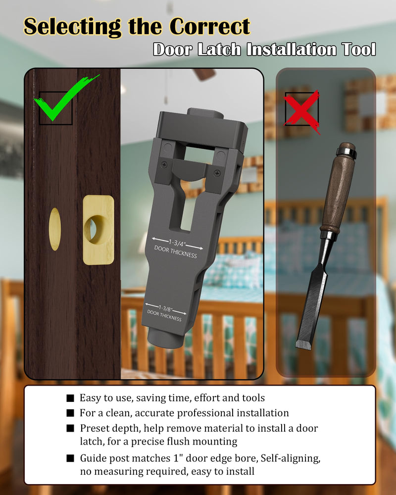 Door Latch Installation Kit, Mortise Tool Sharp and Sturdy, Easily Cut Template for Accurate Professional Installation & 1-3/4" or 1-3/8" Thick Door (Gray)