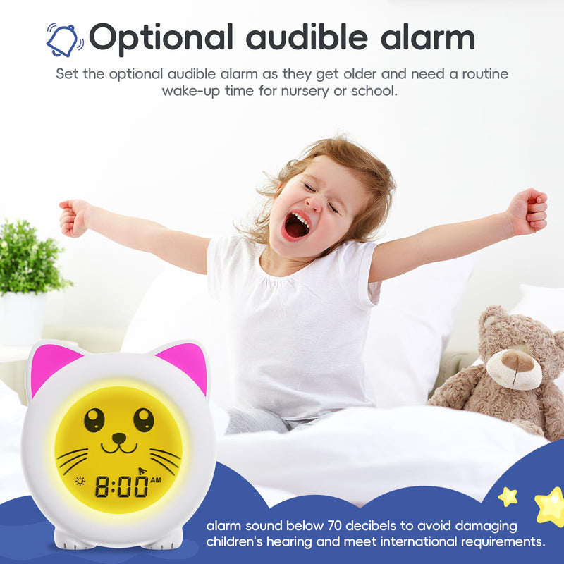 B&H Sleep Trainer Clock for Toddler - Rechargeable Kid Ok to Wake Clock, Cute Cat Girls Alarm Clock, Drop Proof, Night Light, Science-Backed Lighting for Peaceful Sleep and Ready to Rise Mornings White