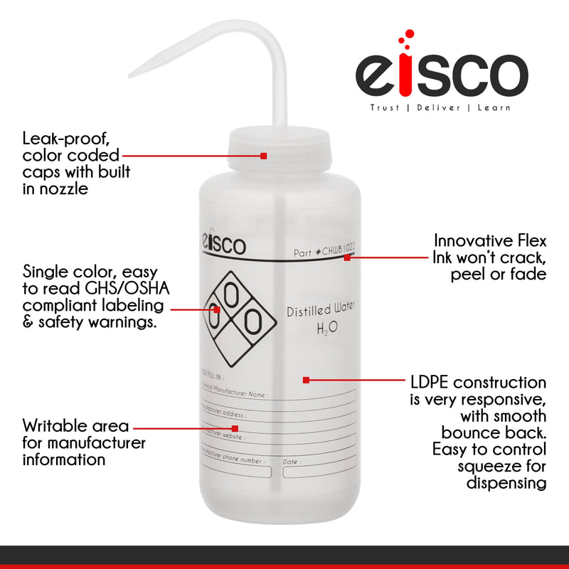 EISCO Wash Bottle for Distilled Water, 1000ml - Labeled with Chemical Information & Safety Information (1 Color) - Wide Mouth, Self Venting, Low Density Polyethylene (Pack of 2) 33.8 Ounces (Pack of 2)