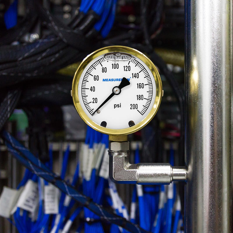 MEASUREMAN Fully Brass Hydraulic Glycerin-Filled Pressure Gauge, 2-1/2” Dial, 1/4” NPT Lower Mount, 0-200 PSI/KPA, for Measuring Non-Corrosive Gas and Liquid Pressure